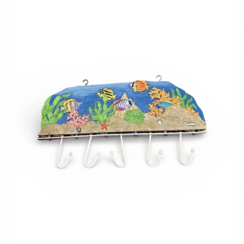 Rack Towel/Coats Wall Mount 5 Hooks. Sealife Multicolor Undersea Fish Nautica